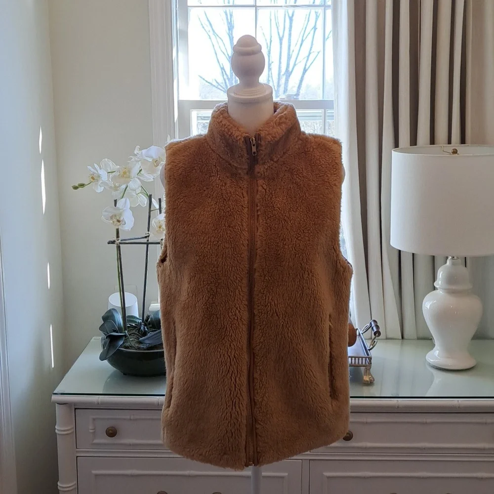 J.Crew Womens Teddy/Sherpa Excursion Zip Up Vest Camel Color Size S